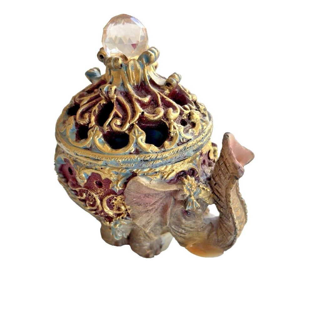 Ornate Elephant Incense Burner Bronze Finish, Crystal Top "Chipped Tail"